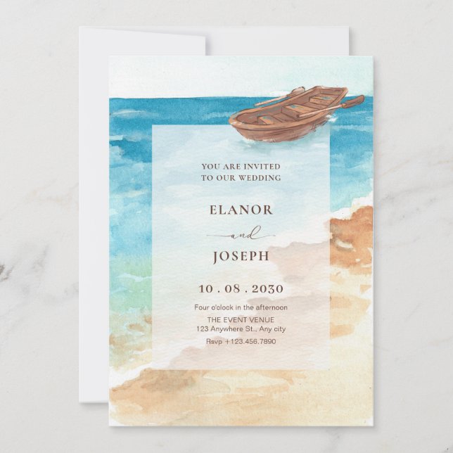 Blue sea watercolor art paint wedding invitation (Front)