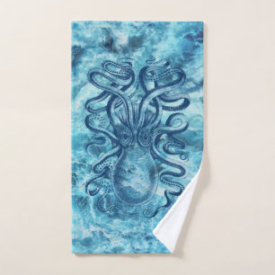 Blue Sea Waves & Octopus Graphic Vintage Drawing Bath Towel Set