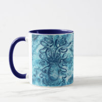 Blue Sea Waves & Octopus Graphic Vintage Drawing