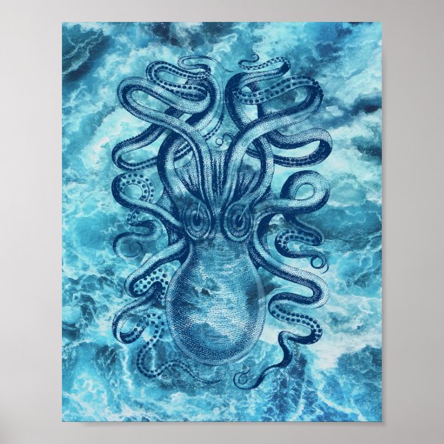 Blue Sea Waves & Octopus Graphic Vintage Drawing Poster (Front)