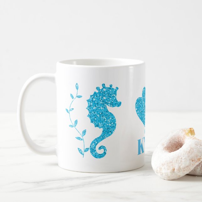 Blue seahorse and seashell add name mug (With Donut)