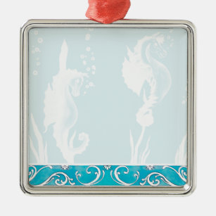 Blue SeaHorse and Swirl Design Metal Ornament