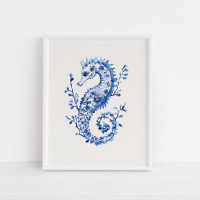 Blue Seahorse – Coastal Blue on Beige Wall Art
