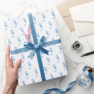 Blue Seahorse Coastal Pattern Wrapping Paper