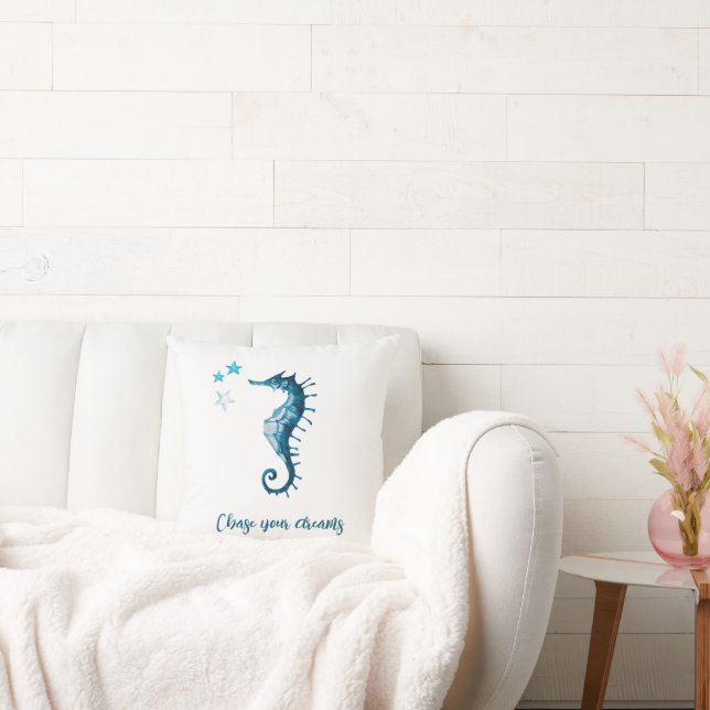 Blue Seahorse Inspirational Quote about Dreams Throw Pillow (Couch)