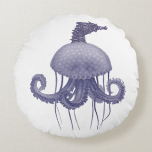 BLUE SEAHORSE JELLYFISH  ROUND PILLOW