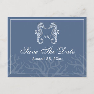 Blue Seahorse Monogram Save The Date Postcards