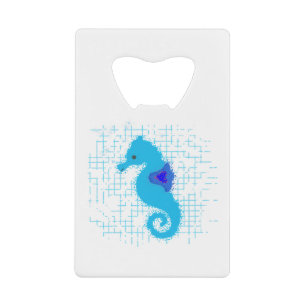 Blue Seahorse On Distressed Background Credit Card Bottle Opener