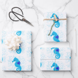 Blue Seahorse On Distressed Background  Wrapping Paper Sheet