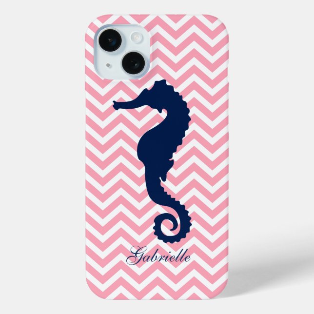 Blue Seahorse on Pink Chevrons Pattern Case-Mate iPhone Case (Back)