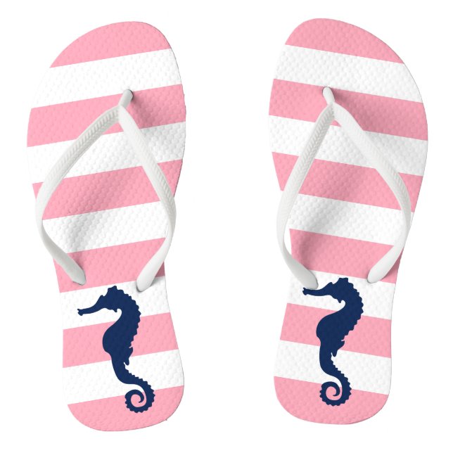 Blue Seahorse on Pink Stripes Flip Flops (Footbed)