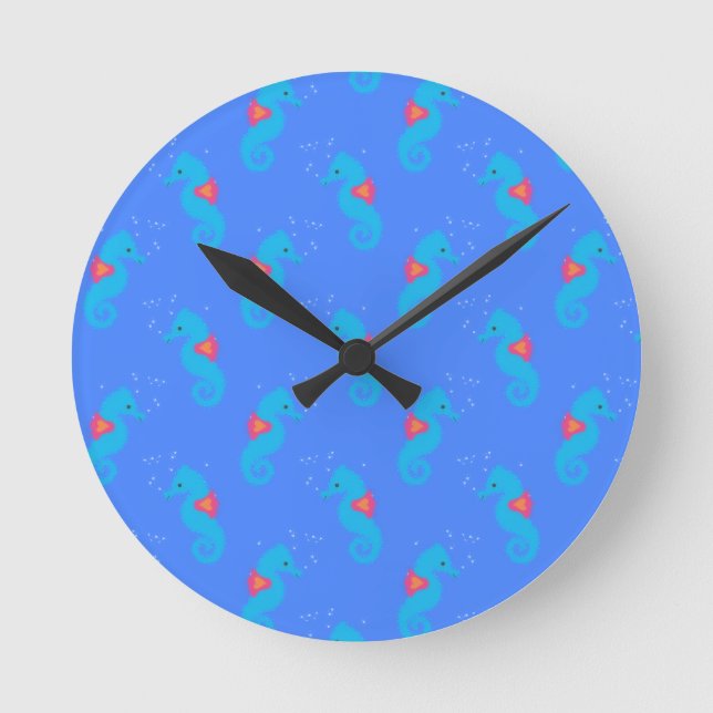 Blue Seahorse Pattern Round Clock (Front)