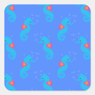 Blue Seahorse Pattern Square Sticker