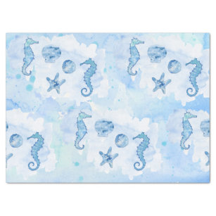 Blue Seahorse Starfish Sea Shells Watercolor Wash  Tissue Paper