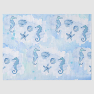 Blue Seahorse Starfish Sea Shells Watercolor Wash  Tissue Paper