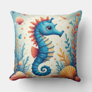 🐚 Blue Seahorse Whimsical Ocean Decor For Kids Throw Pillow