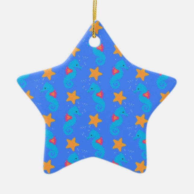 Blue Seahorses And Starfish Pattern Ceramic Ornament (Front)
