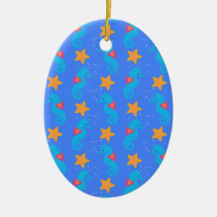 Blue Seahorses And Starfish Pattern Ceramic Ornament