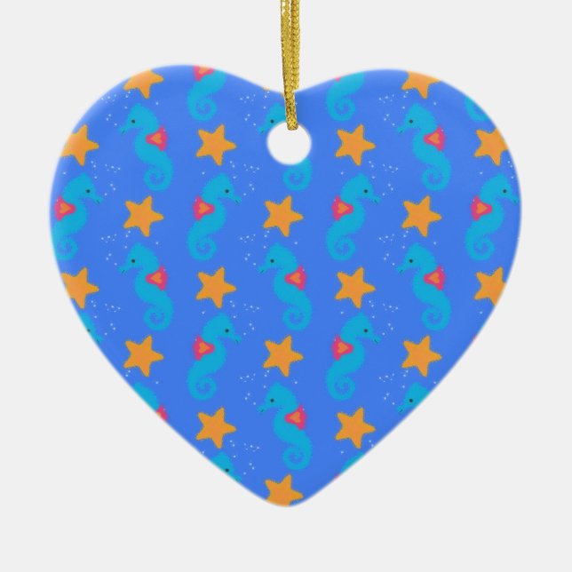 Blue Seahorses And Starfish Pattern Ceramic Ornament (Front)