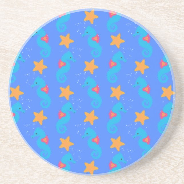 Blue Seahorses And Starfish Pattern Coaster (Front)