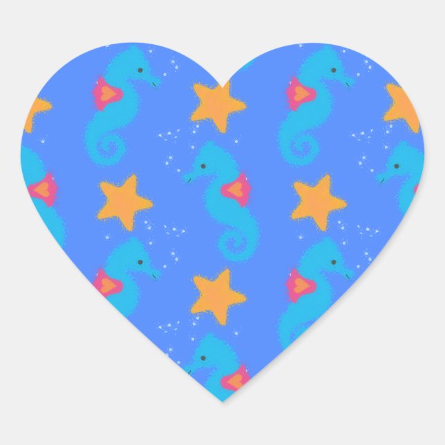 Blue Seahorses And Starfish Pattern Heart Sticker (Front)