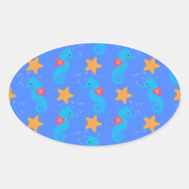 Blue Seahorses And Starfish Pattern Oval Sticker (Front)