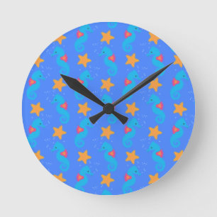 Blue Seahorses And Starfish Pattern Round Clock