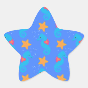 Blue Seahorses And Starfish Pattern Star Sticker