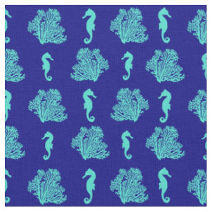 Blue Seahorses Coastal Beach Fabric