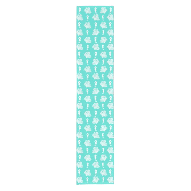 Blue Seahorses Coastal Beach Short Table Runner (Front)