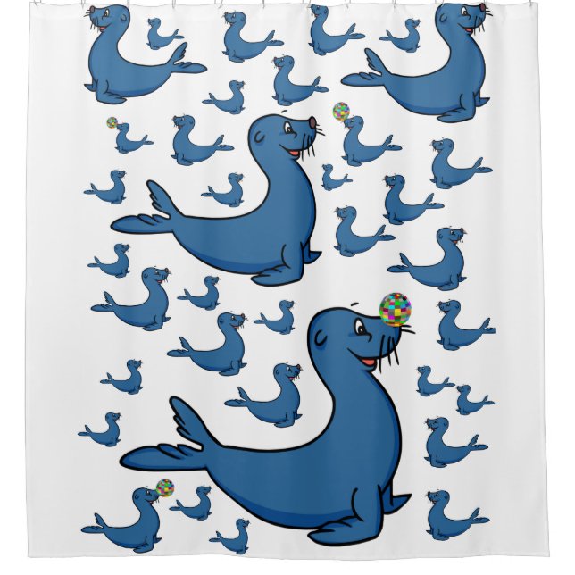 blue seals white childrens showercurtain (Front)