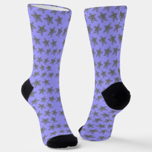 Blue Seamless Retro Style Grey Stars Pattern Socks
