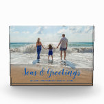 Blue Seas and Greetings Beach Christmas Photo Block<br><div class="desc">A clever take on holiday wishes with this keepsake gift  featuring your favourite beach photo with Seas & Greetings in a modern tropical blue text . Personalize with your family name and the year.</div>