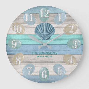 Blue Seashell and Beach Wood Nautical - Blue Teal  Large Clock