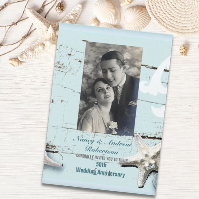blue seashell beach 50th wedding anniversary invitation (blue seashell beach 50th wedding anniversary invitation)