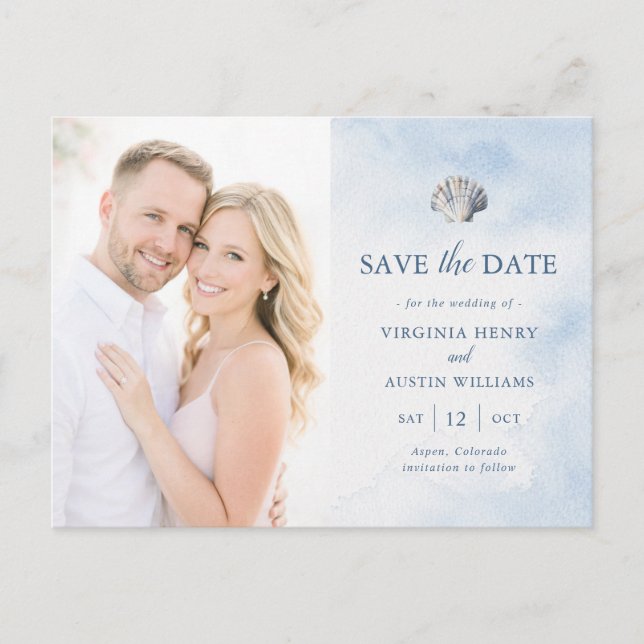 Blue Seashell Beach Save the Date Postcard (Front)