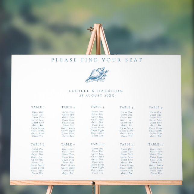 Blue Seashell Beach Wedding 10 Tables Seating Plan Acrylic Sign (Neutral)