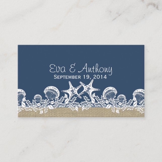 Blue Seashell Beach Wedding Cartes de lieu de mari (Devant)