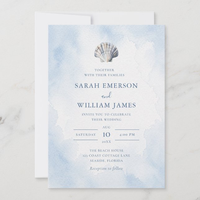 Blue Seashell Beach Wedding Invitation (Front)