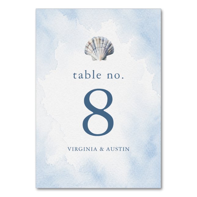 Blue Seashell Beach Wedding Table Number (Back)