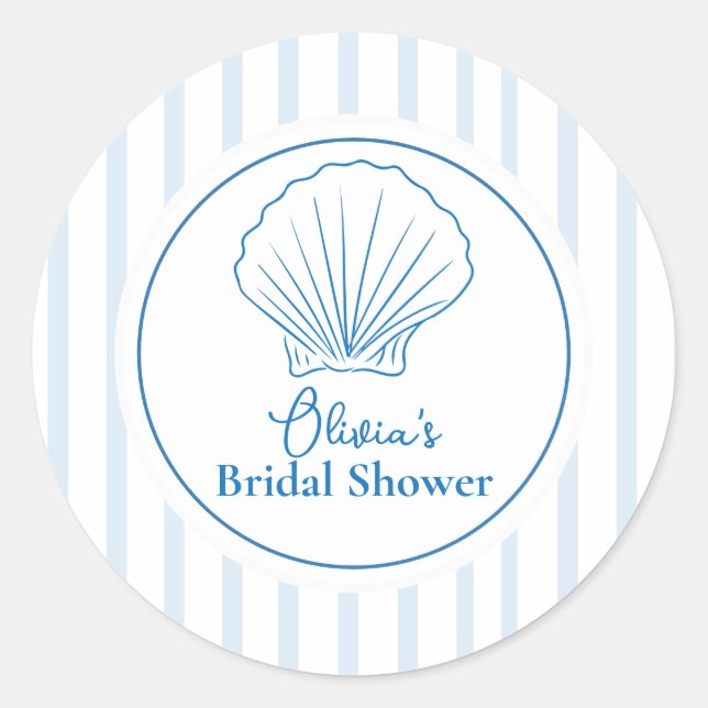 Blue Seashell Bridal Shower Classic Round Sticker (Front)