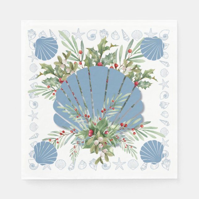 Blue Seashell Coastal Christmas Napkin (Front)