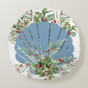 Blue Seashell Coastal Christmas Round Pillow