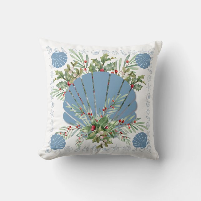 Blue Seashell Coastal Christmas Throw Pillow (Front)