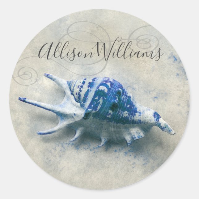 Blue Seashell Coastal Monogrammed Modern Script Classic Round Sticker (Front)