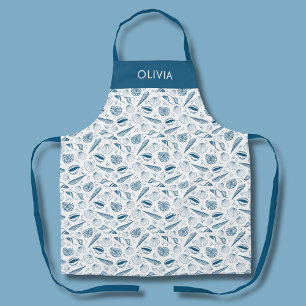 Blue seashell coastal pattern apron