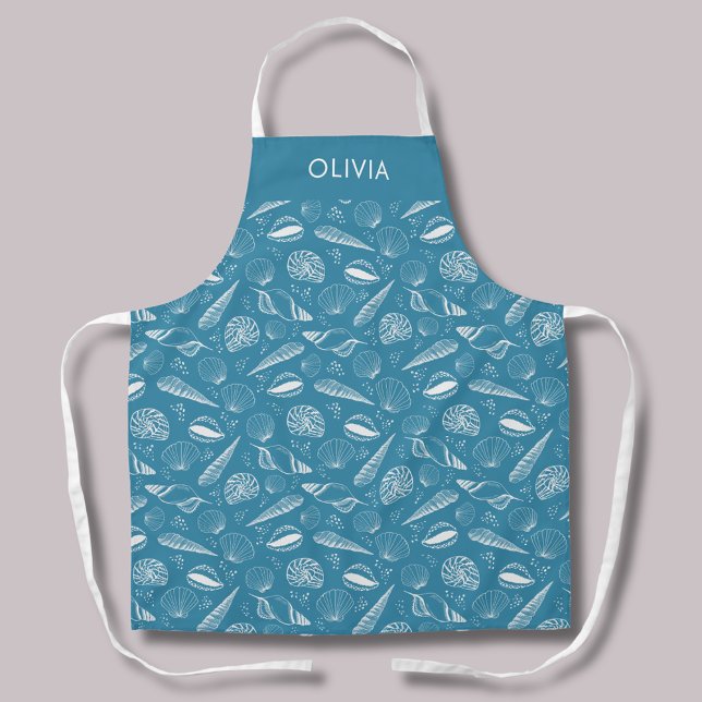 Blue seashell coastal pattern apron (Blue coastal seashell personalized kitchen apron)