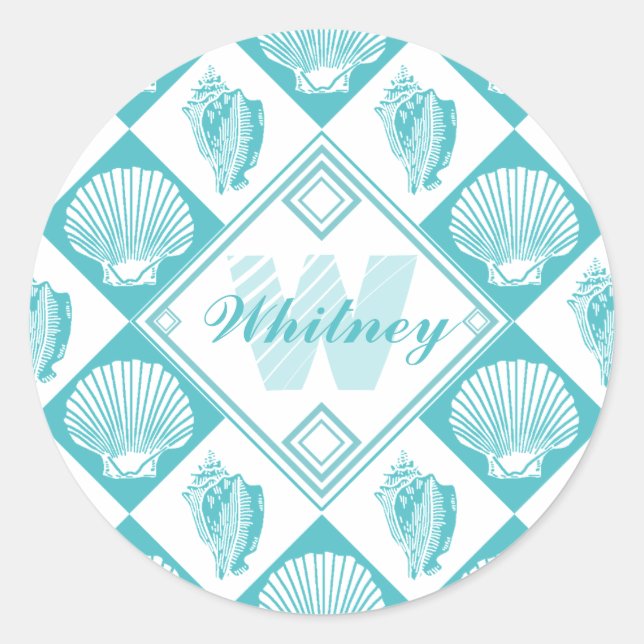 Blue Seashell Diamond Nautical Beach Monogram Classic Round Sticker (Front)