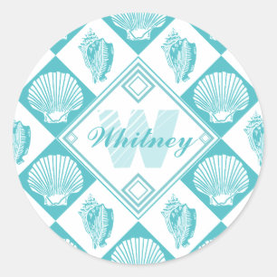 Blue Seashell Diamond Nautical Beach Monogram Classic Round Sticker