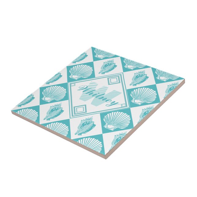 Blue Seashell Diamond Nautical Beach Monogram Tile (Side)